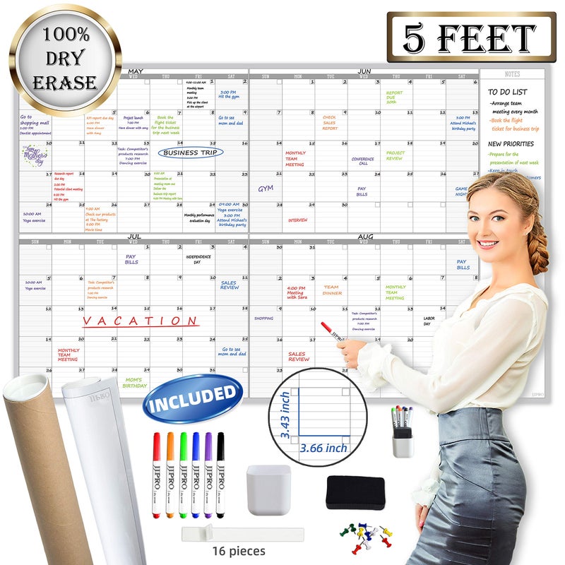 JJPRO Large Dry Erase Wall Calendar 60" x 38" - Premium New Laminate - Blank Undated, Reusable & Erasable 4 Month Planner -Classroom, Office, Project & Family Schedule - Image 1